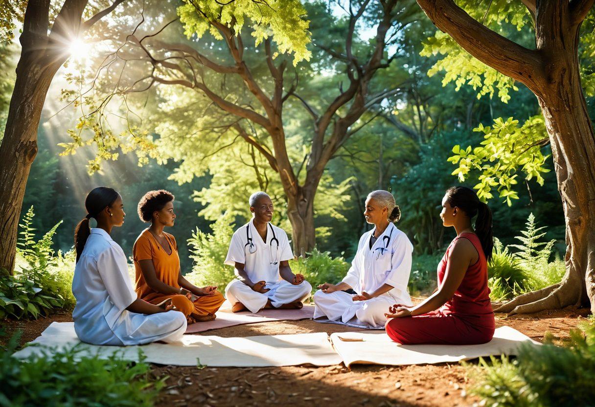 An uplifting scene depicting a diverse group of individuals, including a doctor and patients, engaging in a holistic therapy session surrounded by nature. Soft sunlight filters through trees, creating a serene atmosphere. Incorporate symbols of various therapeutic options like meditation, art therapy, and nutrition. Highlight feelings of hope and connection. super-realistic. vibrant colors. natural settings.